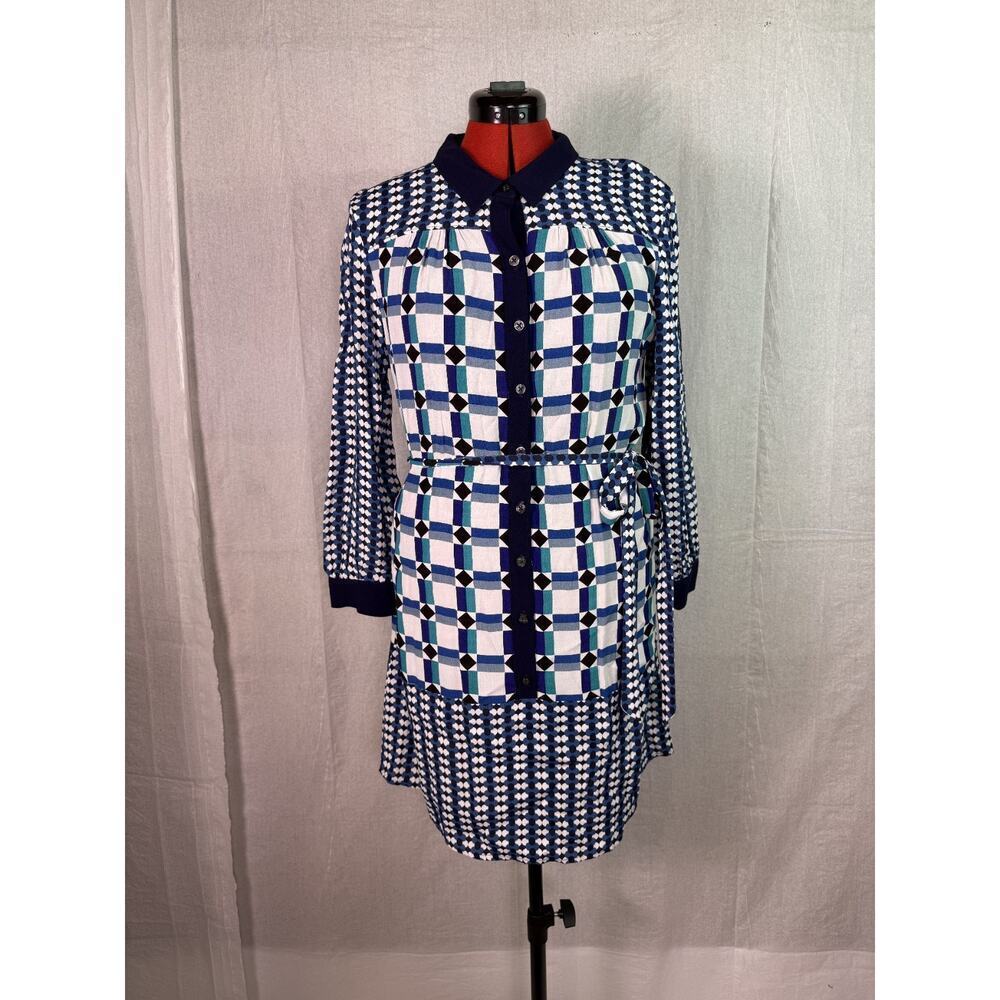Maeve Anthropologie Dress Women 10 Blue White Mod Retro Geometric Tie Waist C952